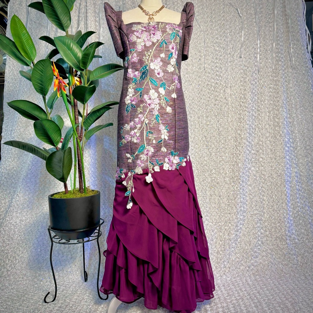 Purple Inabel Serpentine Terno Gown embellished w/ embroidery lace & rhinestones